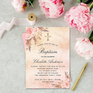 Convite Pampas de ouro rosa do batismo floral
