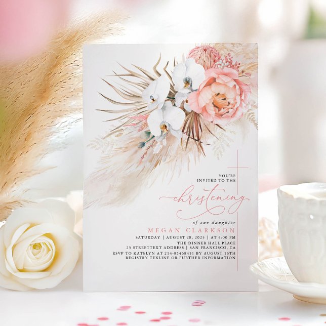 Convite Pampas Florais Rosa Grama Cristal Moderno (Pink Floral Christening Invitation)