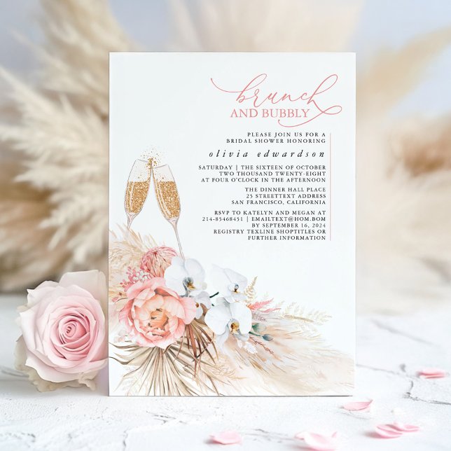 Convite Pampas Florais, Rosa, Grass Brunch e Bubble (Boho Bridal Shower Invitations)