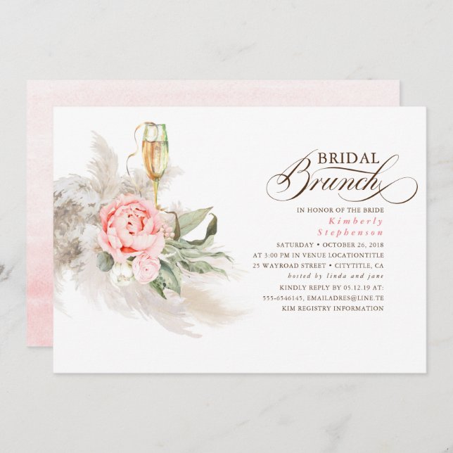Convite Pampas Florais Rosa Grass Greenery Bridal Brunch (Frente/Verso)