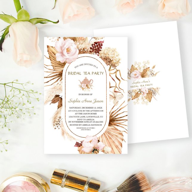 Convite Pampas Florais Rosa Grass Palm Bridal Tea Party (trendy bridal tea party invite, pampas grass terracotta bridal shower invitation, elegant bridal tea)