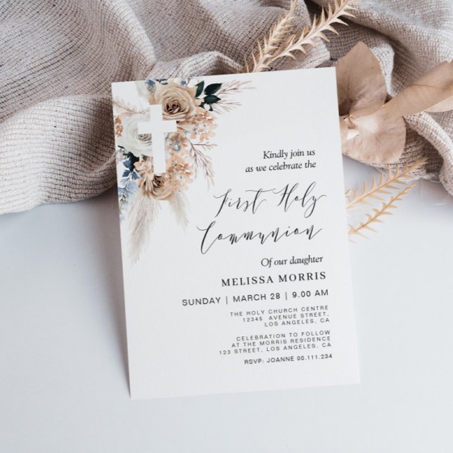 Convite pampas floral cross first sagrado communion (Criador carregado)