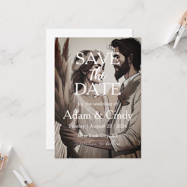 Convite pampas gramado boho salva as datas (Frente/Verso In Situ)