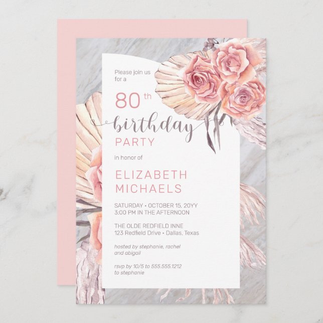 Convite Pampas Grass |80 de sangria rosa-rosa Festa de ani (Frente/Verso)