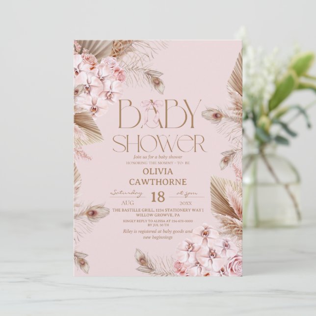 Convite Pampas Grass  and Blush Pink Orchid Baby Shower  (Em pé/Frente)