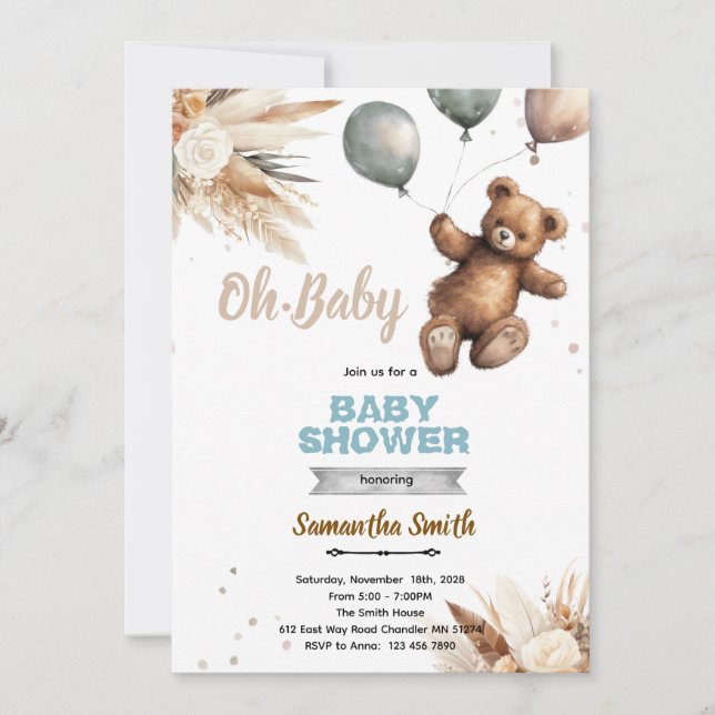 Convite Pampas Grass bear baby shower invitation (Frente)