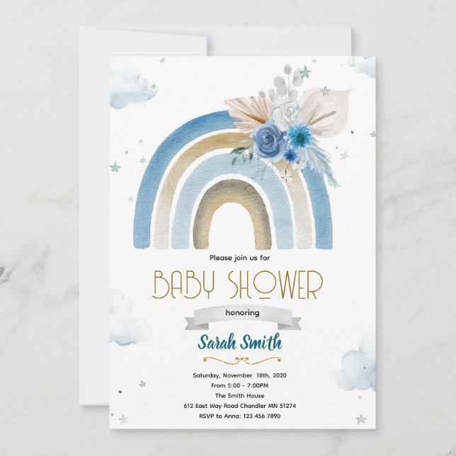 Convite Pampas Grass blue boho rainbow invitation (Frente)