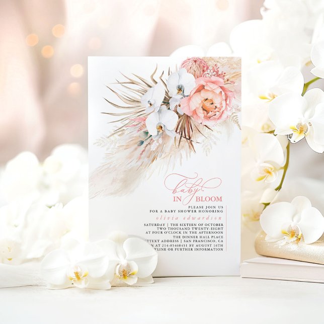 Convite Pampas Grass Blush Pink Baby em Chá de fraldas de  (Baby in Bloom Pink Flowers, White Orchids and Pampas Grass Baby Shower Invitations)