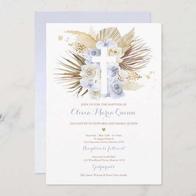 Convite Pampas Grass Bohemian Baptism Boho Christening (Frente/Verso)