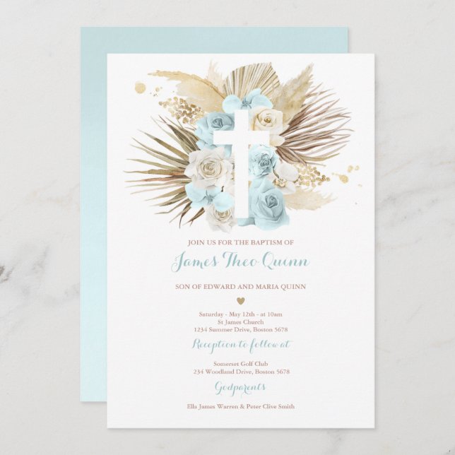 Convite Pampas Grass Bohemian Baptism Boho Christening (Frente/Verso)