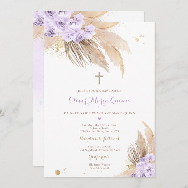 Convite Pampas Grass Bohemian Baptism Boho Christening (Frente/Verso)