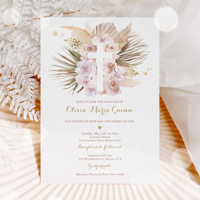 Convite Pampas Grass Bohemian Baptism Boho Christening (Criador carregado)