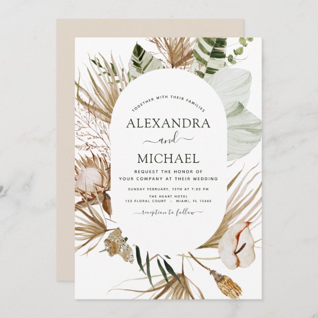 Convite Pampas Grass Bohemian Boho Casamento Tropical Invi (Frente/Verso)