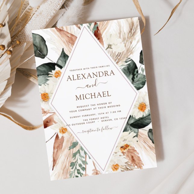 Convite Pampas Grass Boho Bohemian Eucalyptus Wedding Invi (Criador carregado)