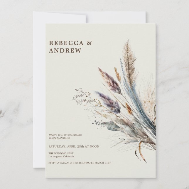 Convite Pampas Grass | Boho Casamento Minimalista (Frente)