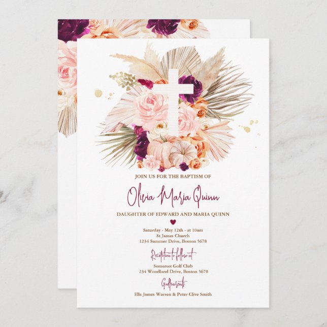 Convite Pampas Grass Boho Fall Pumpkin Baptism Christening (Frente/Verso)