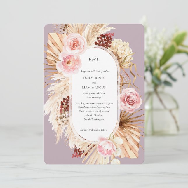 Convite Pampas Grass Boho Watercolor Mauve Floral Weds (Em pé/Frente)