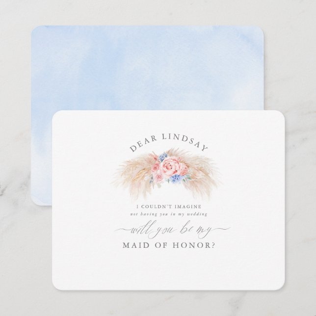 Convite Pampas Grass Dusty Blue Bridesmaid Proposta (Frente/Verso)