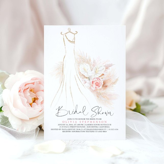 Convite Pampas Grass e Chá de panela de Vestido de Casamen (Pampas Grass and Blush Flowers Dress Bridal Shower Invitations)