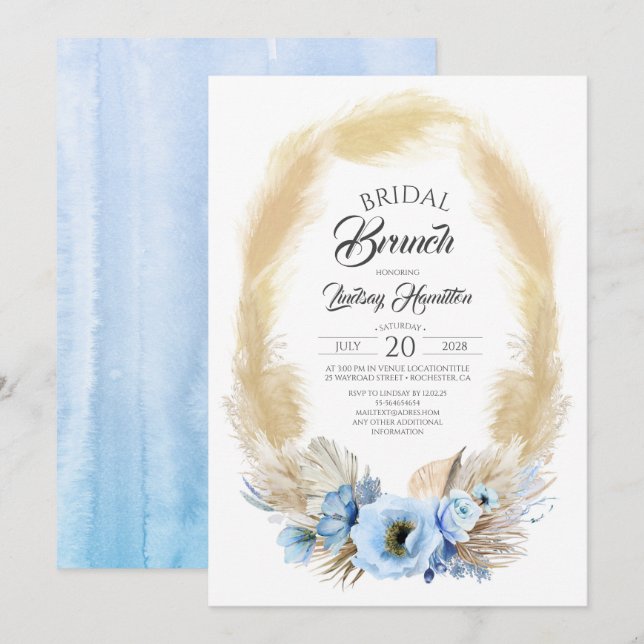 Convite Pampas Grass e Dusty Blue Flowers Bridal Brunch (Frente/Verso)