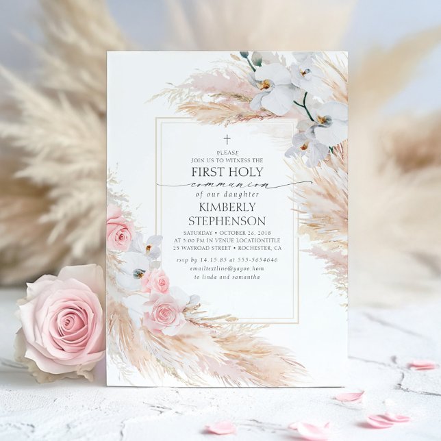 Convite Pampas Grass e Orquídeas Brancas Primeira Comunhão (First Holy Communion Elegant Pink Floral Invitations)