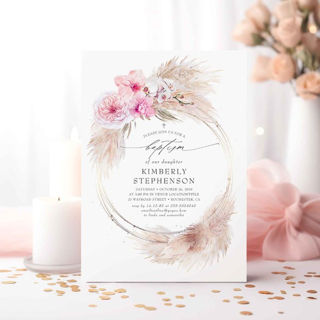 Convite Pampas Grass e Orquídeas Rosa Meninas Baptismo (Pink Flowers and Pampas Grass Baptism Invitations)
