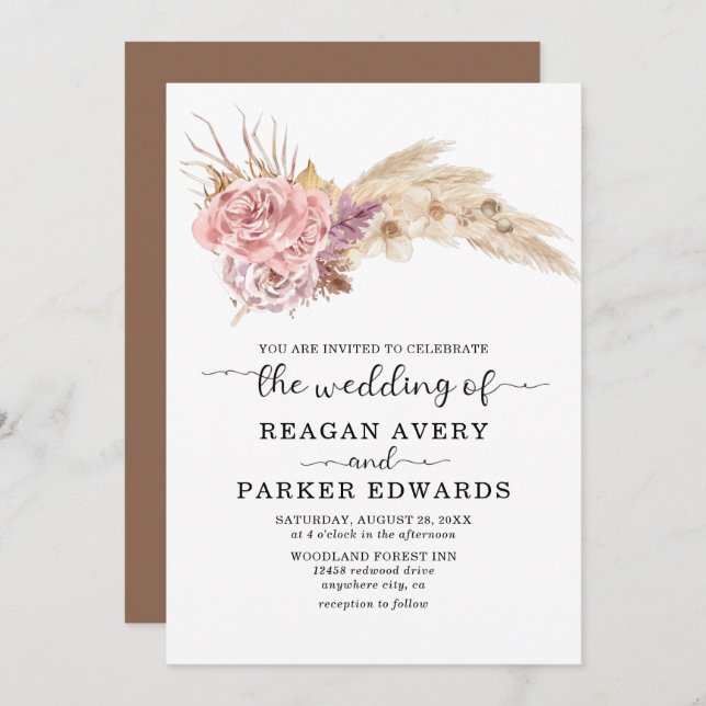 Convite Pampas Grass Floral Rosa e Casamento Roxo Secos (Frente/Verso)