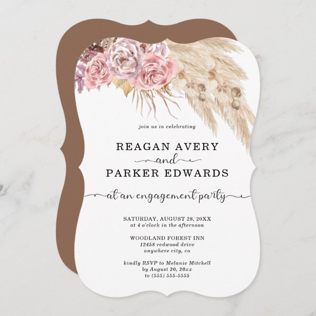 Convite Pampas Grass Floral Rosa Noivado Roxo (Frente/Verso)