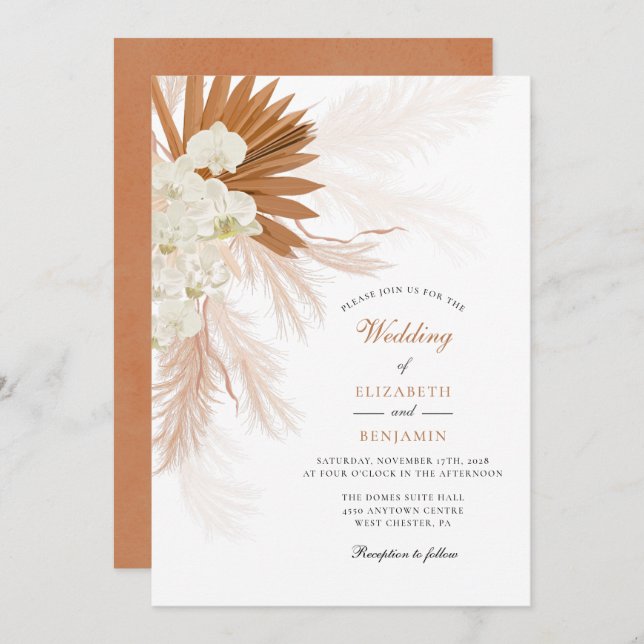 Convite Pampas Grass Floral Tan Wedding (Frente/Verso)