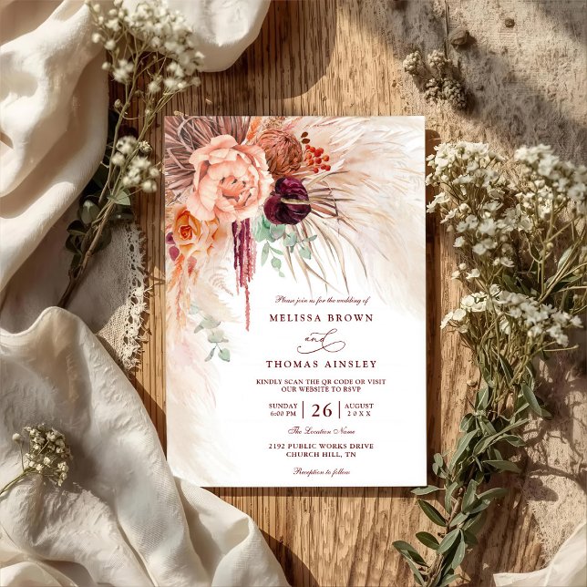 Convite Pampas Grass Floral Terracotta QR Code Wedding (Criador carregado)
