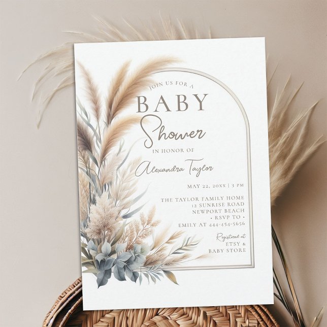 Convite Pampas Grass Greenery Boho Chá de fraldas Neutro (pampas grass baby shower invitation gender neutral watercolor greenery botanical foliage boho chic)