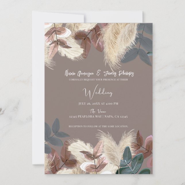 Convite Pampas Grass & Leaves Terthy Bohemian Casamento (Frente)