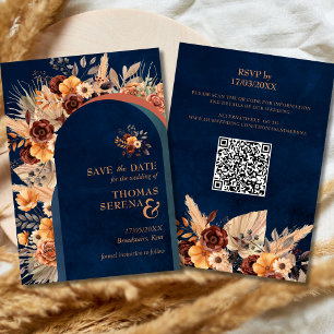 Convite Pampas Grass Navy Blue Salvar a Data QR Code