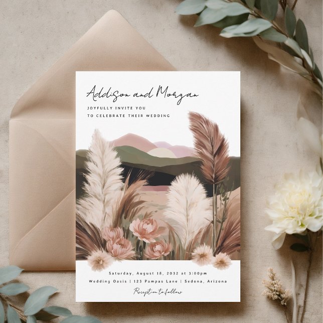 Convite Pampas Grass Neutral Desert Landscape Boho (Boho wedding invitation terracotta pampas grass desert landscape watercolor hand painted invite)