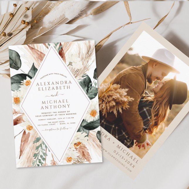 Convite Pampas Grass Photo Boho Bohemian Wedding Invitatio (Criador carregado)