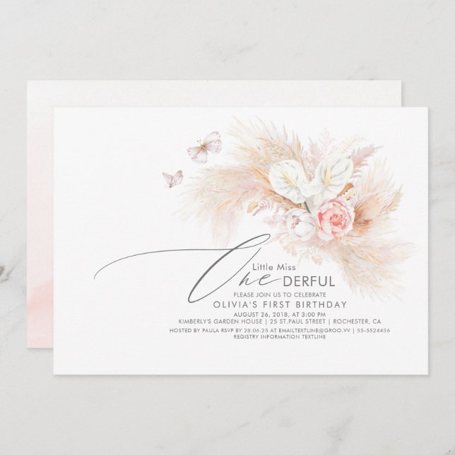 Convite Pampas Grass Pink Menina Maravilhosa Aniversário (Frente/Verso)