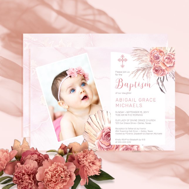 Convite Pampas Grass | Rosa Blooms Girl Baby Photo Baptism (Pampas Grass Rose Blooms Girl Baby Photo Baptism Invitation)