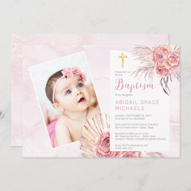 Convite Pampas Grass | Rosa Blooms Girl Baby Photo Baptism (Frente/Verso)