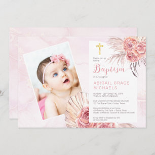 Convite Pampas Grass   Rosa Blooms Girl Baby Photo Baptism