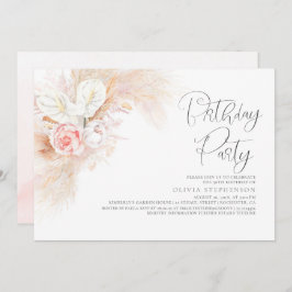 Convite Pampas Grass Rosa Floral De Qualquer Idade Anivers