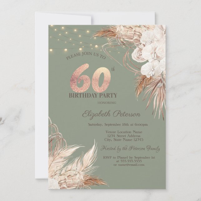 Convite Pampas Grass Sage Green 60th Birthday (Frente)