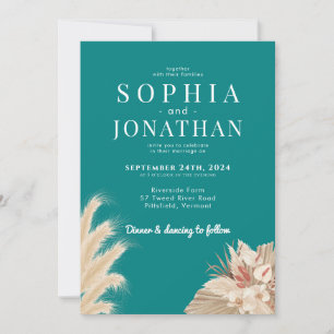 Convite Pampas Grass Teal Green Blue Wedn Modern Chic
