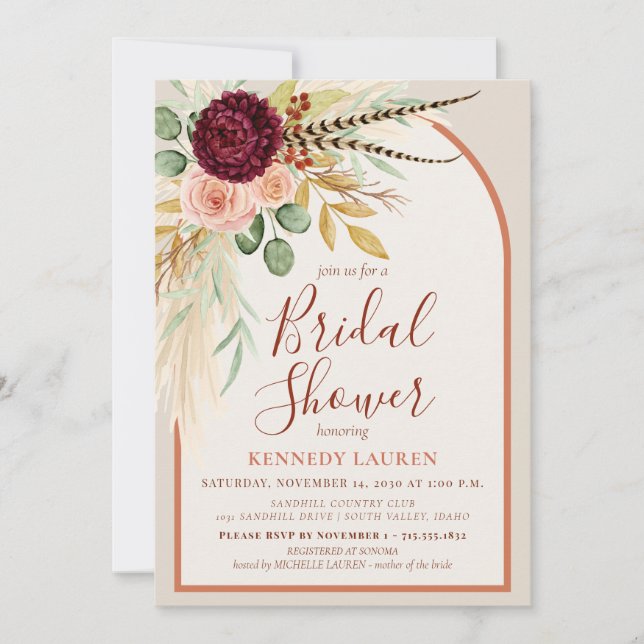 Convite Pampas Grass Terracotta Floral Boho Bridal Shower  (Frente)