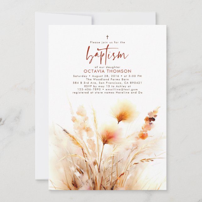 Convite Pampas Grass Terracotta Floral Fall Baptism (Frente)