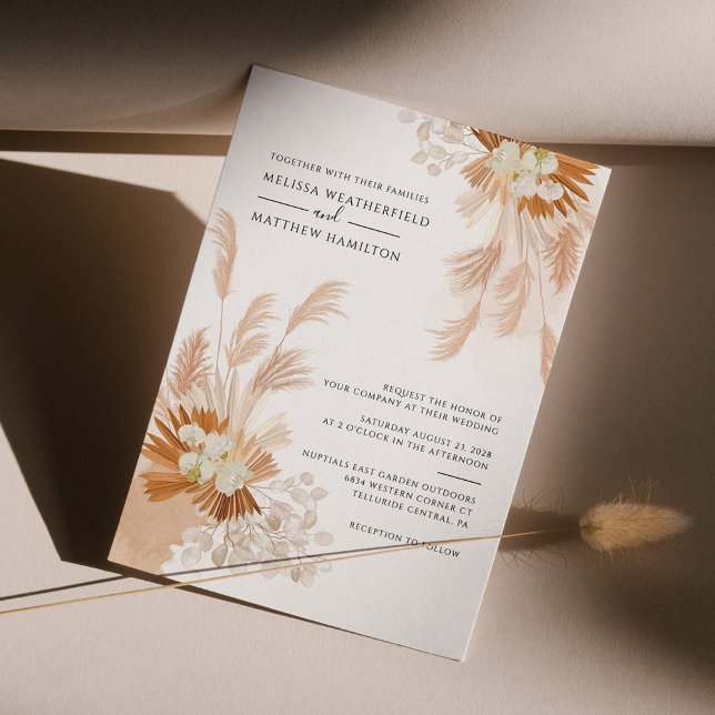 Convite Pampas Grass Terracotta Palmas Secas Botânicas (Pampas Grass Elegant Fall Wedding Invitation)