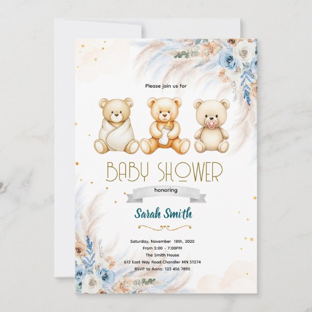 Convite Pampas Grass Triplet bear invitation (Frente)