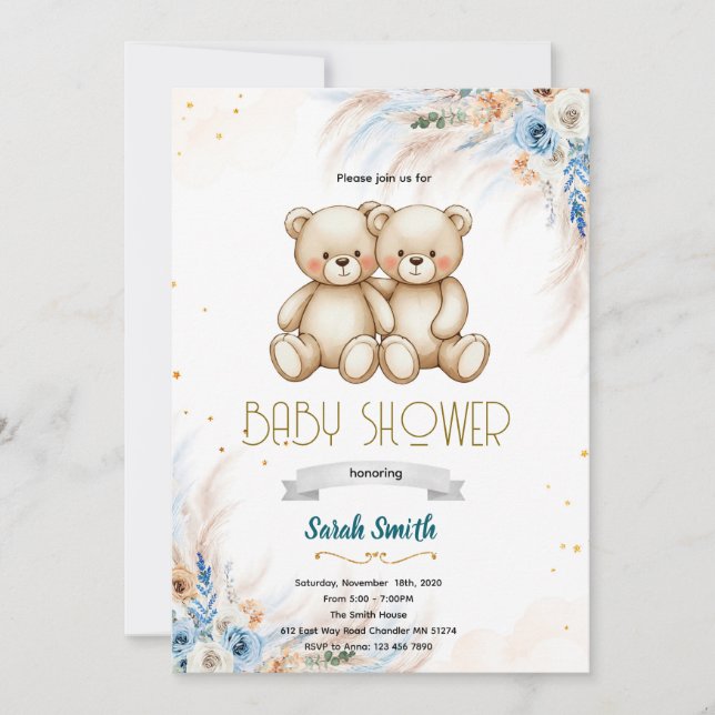 Convite Pampas Grass twins bear invitation (Frente)