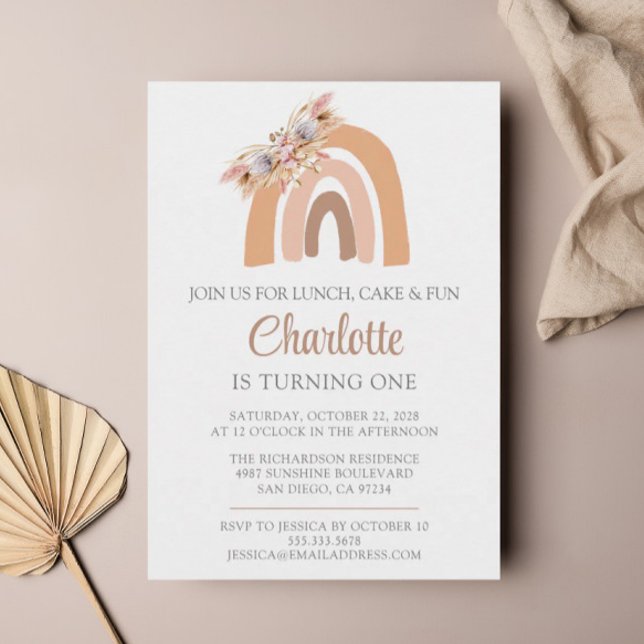 Convite Pampas Grass Watercolor Rainbow Primeiro Aniversár (Criador carregado)