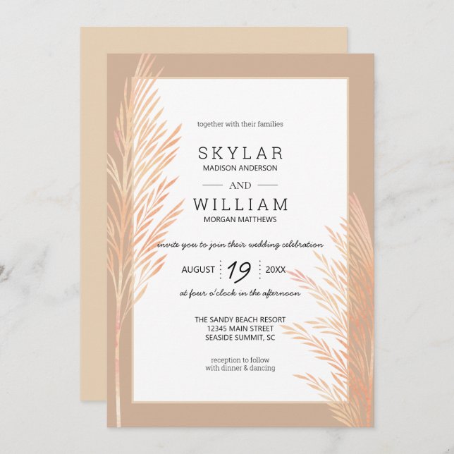 Convite Pampas Grass Wedding Watercolor (Frente/Verso)