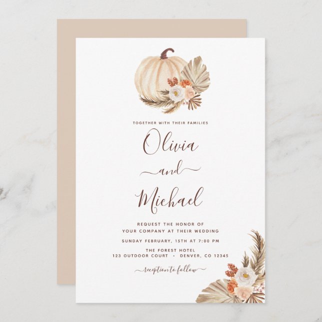 Convite Pampas Grass White Pumpkin Terracotta (Frente/Verso)